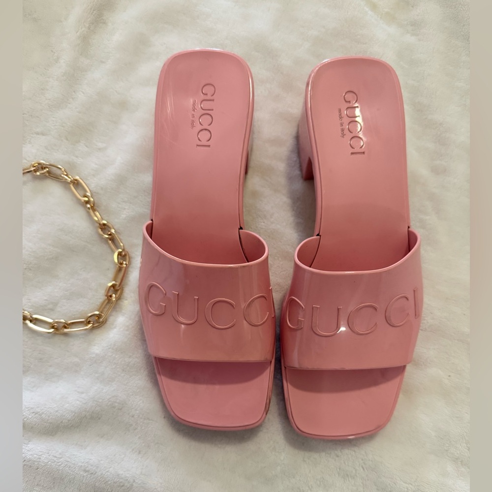 Gucci Pink Embossed Slide Mules Heels